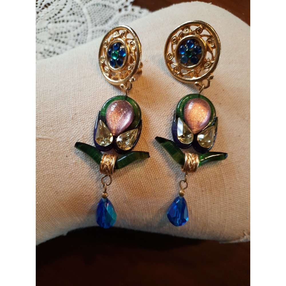 RARE  ANN EGAN Multi Color Glass Gold Tone Modernist Artisan Large Clip Earrings